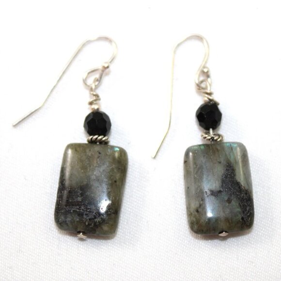 Sterling Silver Hook Drop Dangle Labradorite & Black Glass Bead Fashion Earrings - Picture 7 of 8